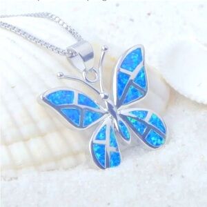NEW Silver Blue Fire Opal Butterfly Pendant Necklace Jewelry 🦋🌸✨